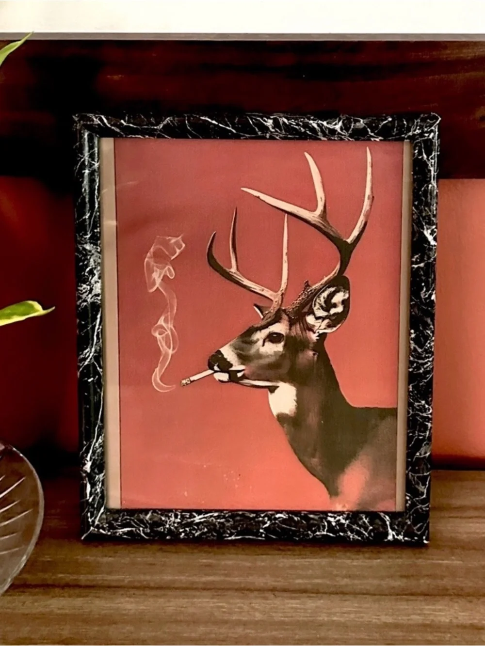 Vintage Style Buck Smoking a Cigarette Canvas Art Print Marbled Framed Deer Hunt